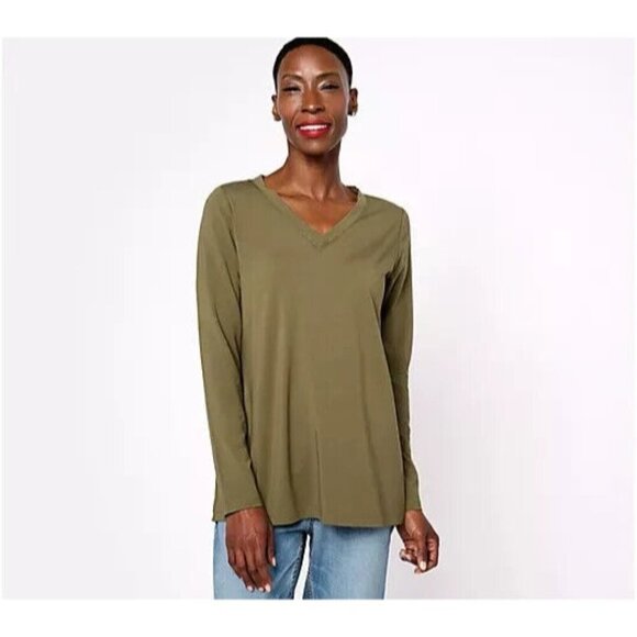 Belle by Kim Gravel Knit Long Sleeve V-Neck Top Olive Envy XX-Small A609936 - Picture 1 of 1